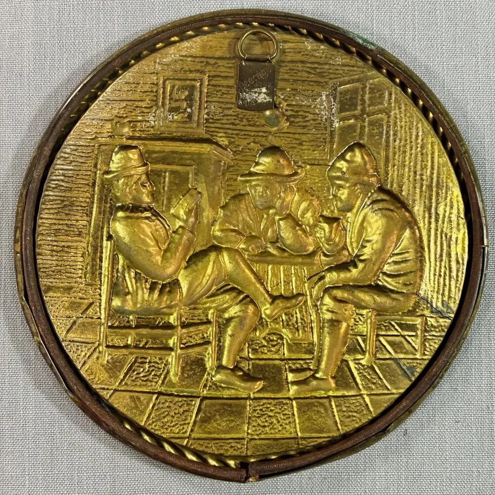 Vintage Embossed Brass Dutch Tavern Scene Wall Plaque 6.5” Folk Art Decor